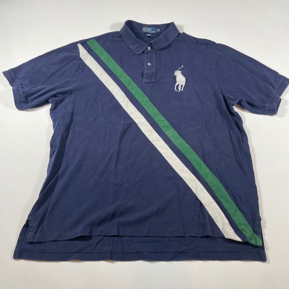 Polo Ralph Lauren Polo Shirt Mens 2XLT BIG PONY Diagonal Sash Stripe Navy Blue - Picture 2 of 6